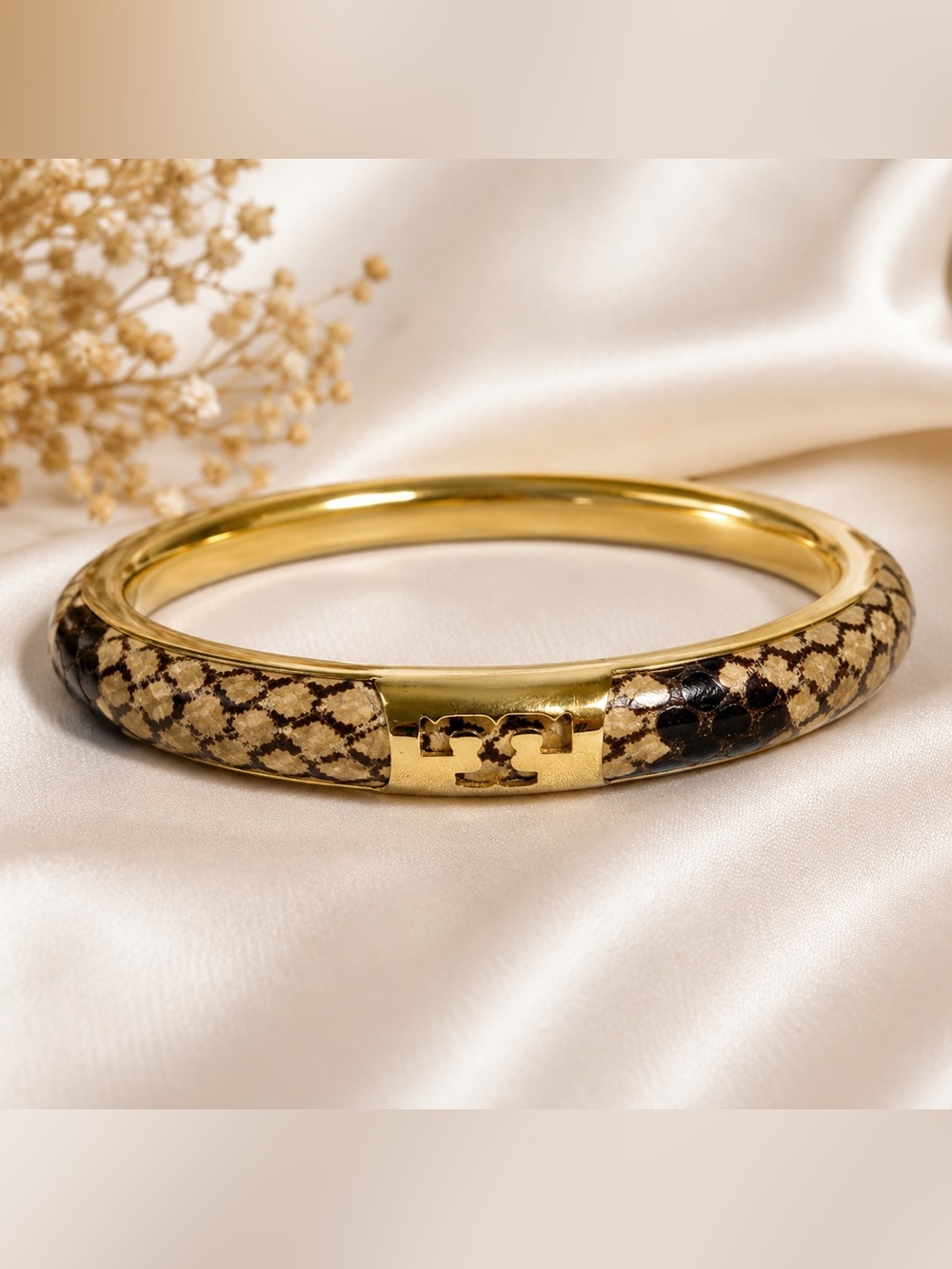 Tory Burch Women’s Leather Inlay Snake Print Gold Double T Bangle Bracelet